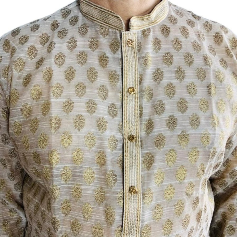 Men's Indian Off-white Golden Embroidered Silk Kurta Set